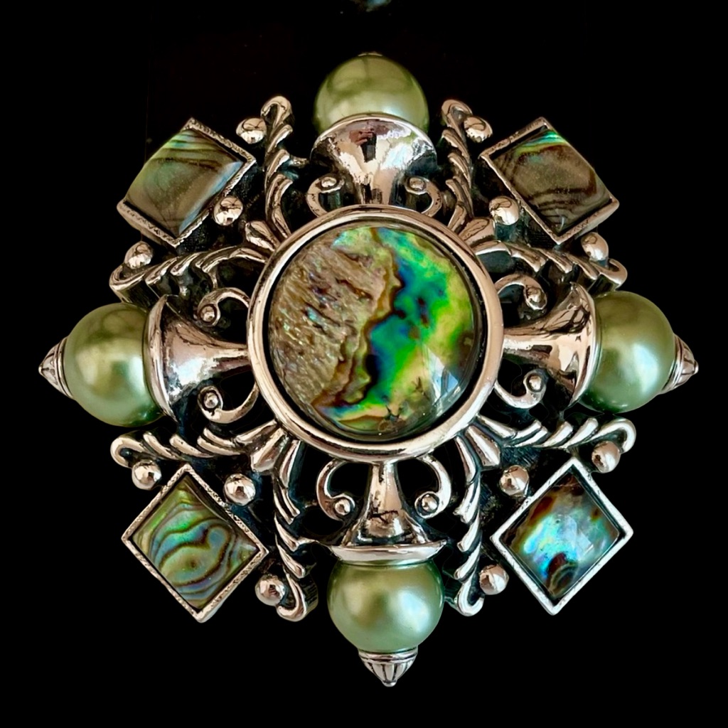 Vintage Signed Joan Rivers Silver Plated Renaissance Brooch Abalone & Faux Pearl